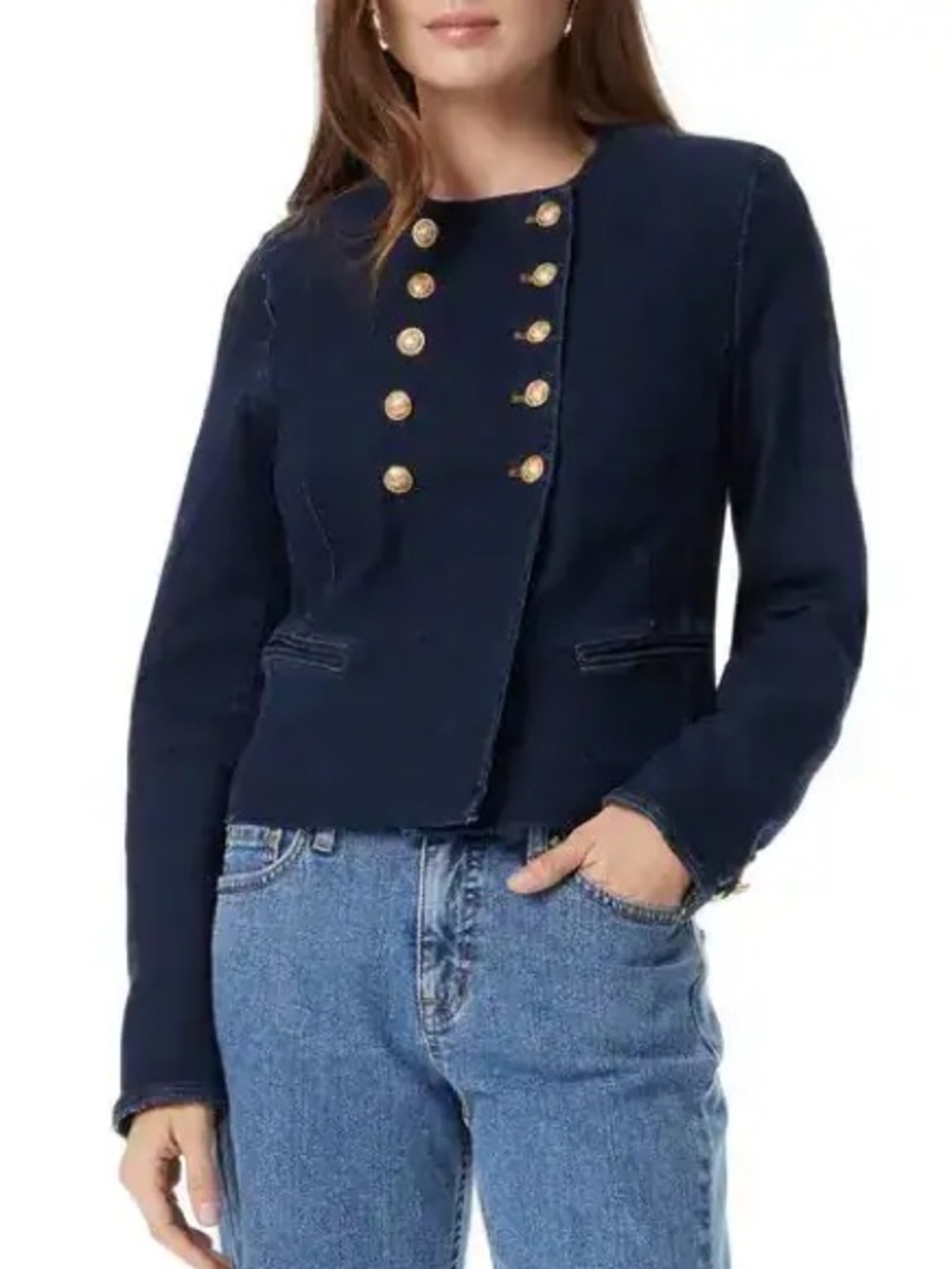 Sam Edelman Navy Double-Breasted Military-Inspired Blazer with Gold Buttons